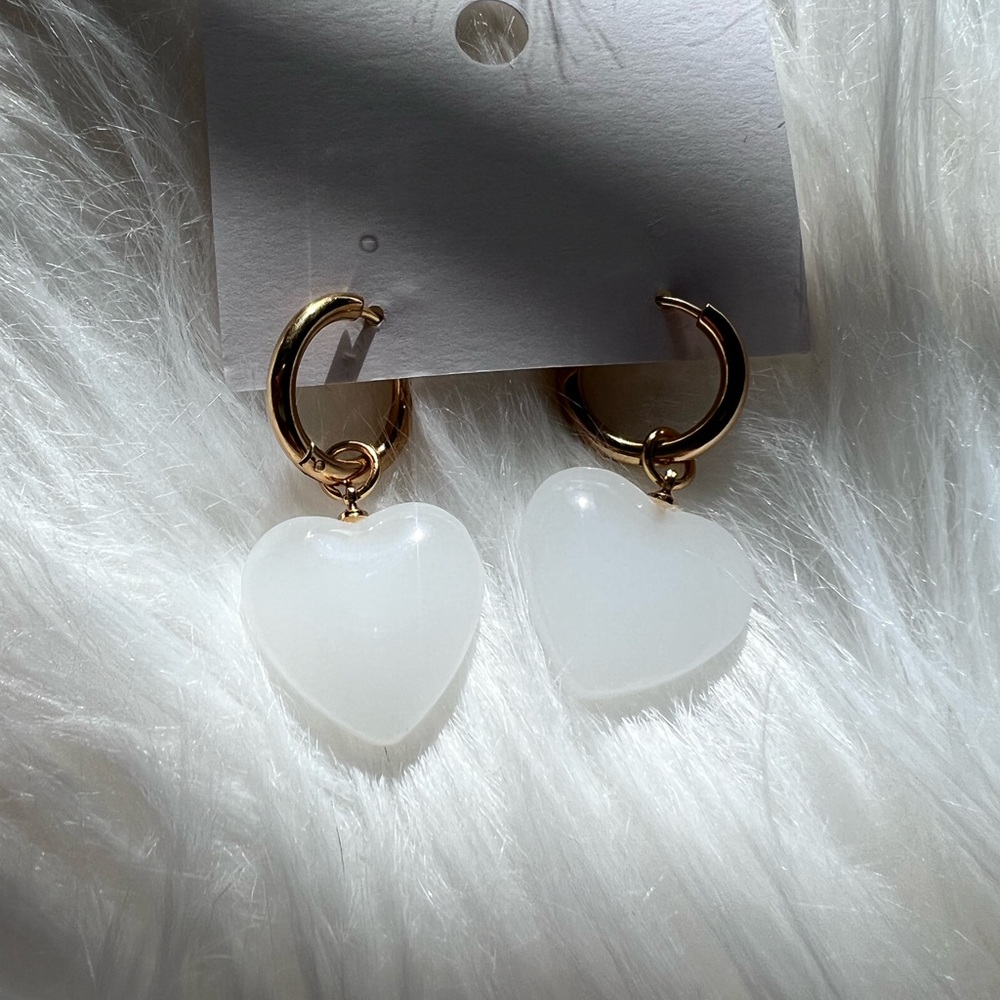 Stainless Steel Gold Colored White Jade Heart Earrings